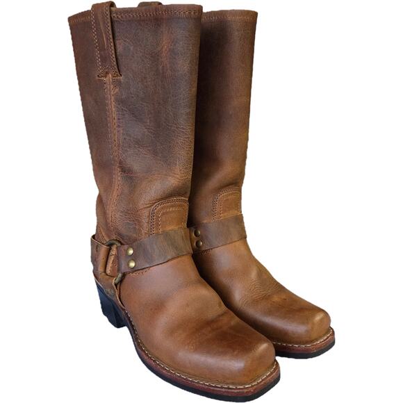 EUC Frye Tan Leather Harness 12R Mid Calf Square Toe Boots Engineer Biker 6M - Picture 1 of 16